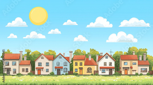 Suburban street with houses under a sunny sky
