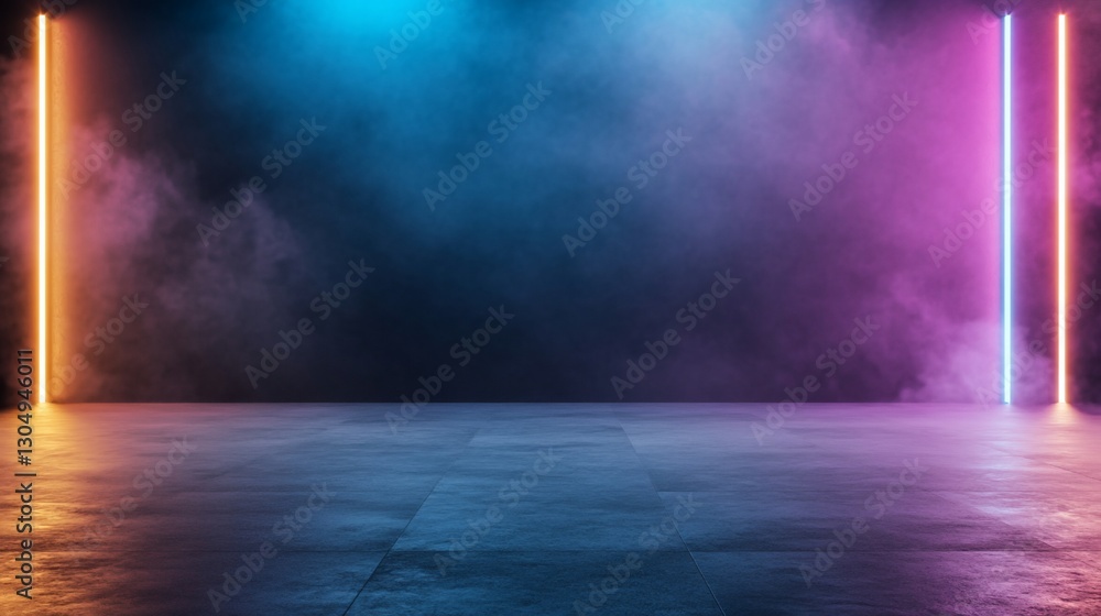 Fototapeta premium Neon lights, smoky studio, empty floor, backdrop, product display