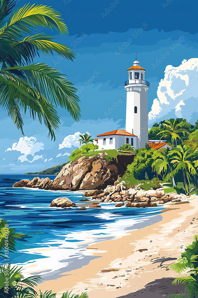 White lighthouse standing on cliff overlooking tropical beach White lighthouse standing on cliff overlooking tropical beach