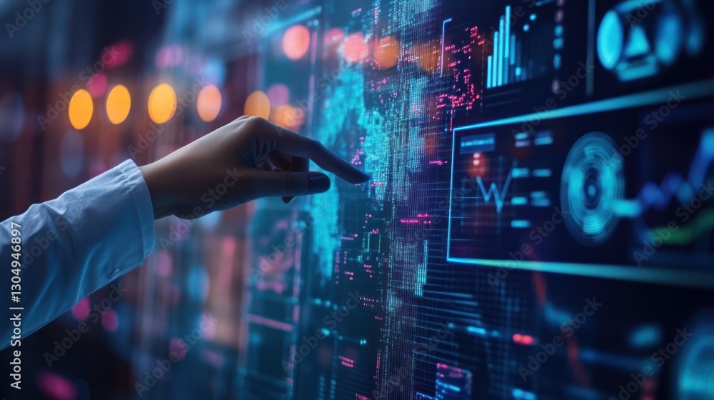 A hand interacting with a digital interface data display A hand interacting with a digital interface data display