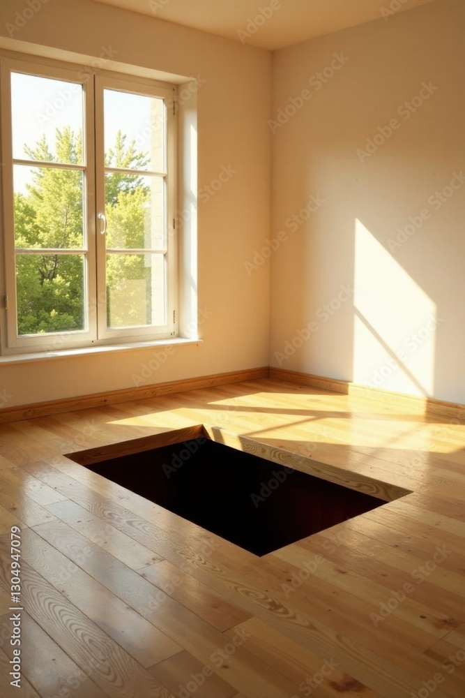Sunlight streams through a window illuminating a room with newly installed light pine wood flooring featuring a recessed square opening in the center. Sunlight streams through a window illuminating a room with newly installed light pine wood flooring featuring a recessed square opening in the center.