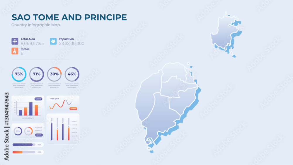 Infographic Map of Sao Tome and Principe. Total Area, Papulation, States & More Detailed Infographic Map of Sao Tome and Principe. Vector Illustration Infographic Map of Sao Tome and Principe. Total Area, Papulation, States & More Detailed Infographic Map of Sao Tome and Principe. Vector Illustration