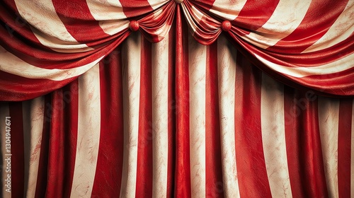 Vintage red and white circus curtain with elegant draping and texture.
