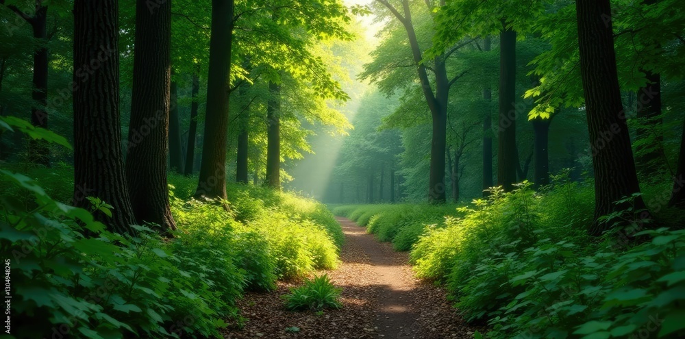 Obraz premium Dense foliage surrounds a winding forest path, trees, nature, sunlight