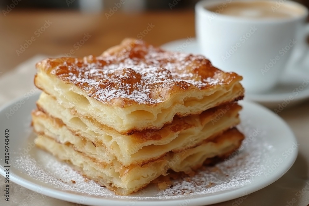 Delicious layered pastry with powdered sugar and a cup of cappuccino on a wooden table in a cafe setting perfect for breakfast or brunch Delicious layered pastry with powdered sugar and a cup of cappuccino on a wooden table in a cafe setting perfect for breakfast or brunch