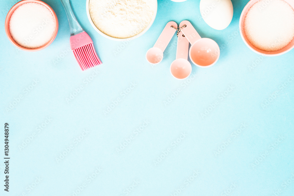 Fototapeta premium Food baking background at blue flat lay.