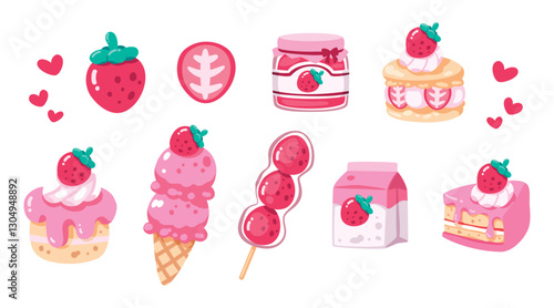 Set of A variety of desserts related to strawberries and the color pink. It is a cartoon illustration that is cute and sweet. Idea for print, cartoon, card, decoration and sticker.