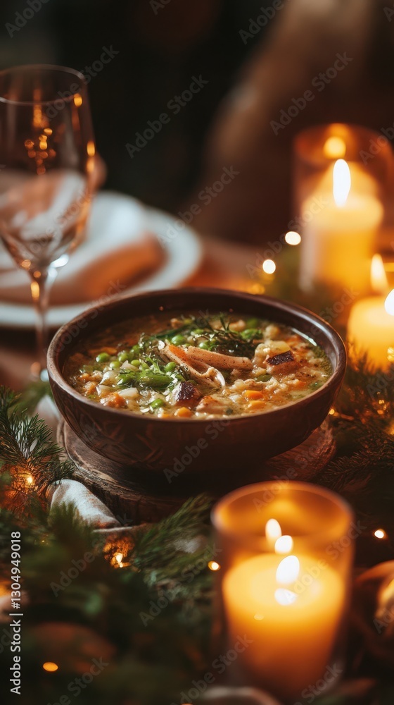Obraz premium Festive Creamy Vegetable Soup Served In Rustic Bowl