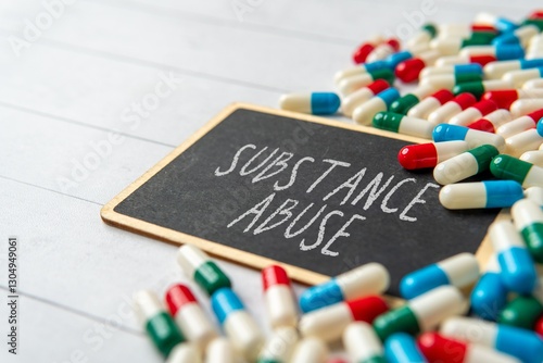 Photography A chalkboard with the words SUBSTANCE ABUSE surrounded by scattered pills and capsules