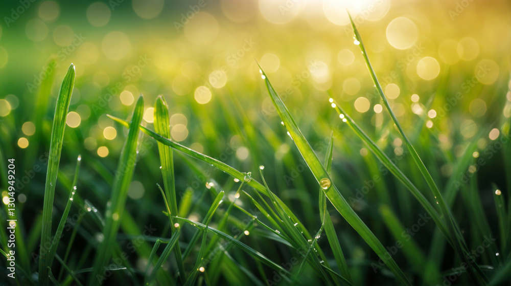 Fototapeta premium Fresh Green Grass Blades Covered with Dewdrops in Morning Light