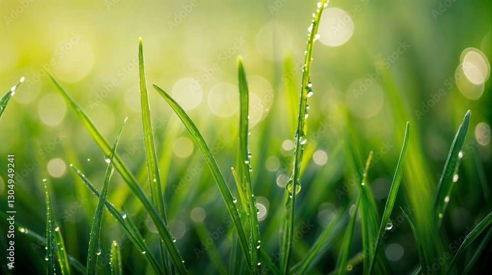 Obraz premium Fresh Green Leaves with Dew Drops in Morning Sunlight