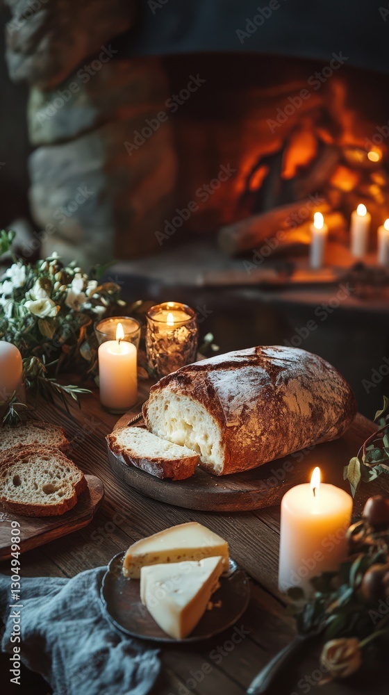 Obraz premium Rustic Table Setting Featuring Bread Cheese and Candles