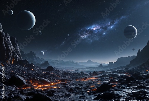 A dark and barren alien landscape with planets floating in space. photo