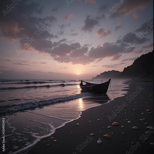 A serene beach at sunrise, where soft pink and orange hues paint the sky. Gentle waves lap at the shore, leaving behind shimmering seashells on the wet sand. A small wooden fishing boat is anchored ne photo