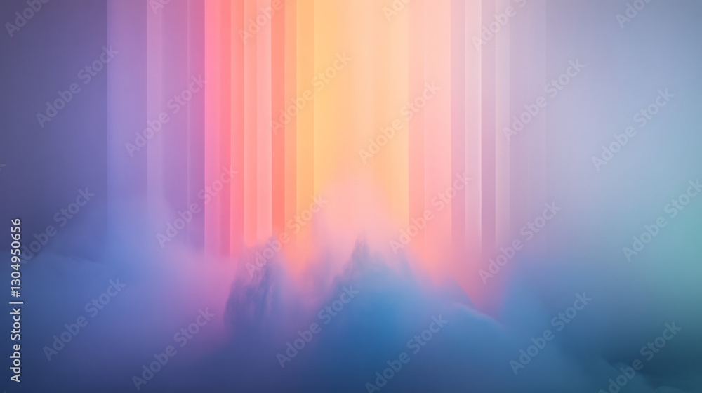 A mystical panorama of gently swirling fog interspersed with radiant rainbow beams, each fragment A mystical panorama of gently swirling fog interspersed with radiant rainbow beams, each fragment