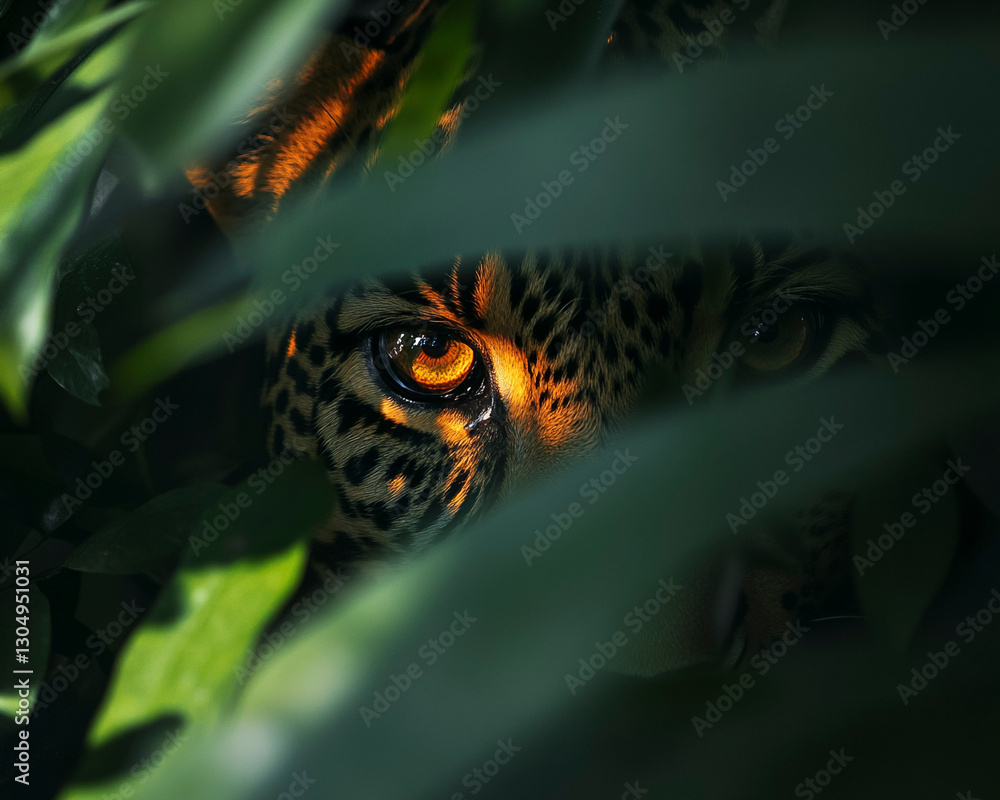 Leopard’s Piercing Eye Hidden Behind Lush Green Foliage Leopard’s Piercing Eye Hidden Behind Lush Green Foliage