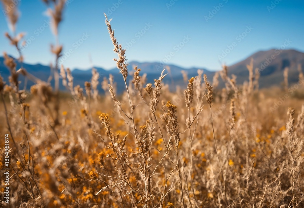 Fototapeta premium Wildflowers and wheat grass growing in a field with mountains in the background.
