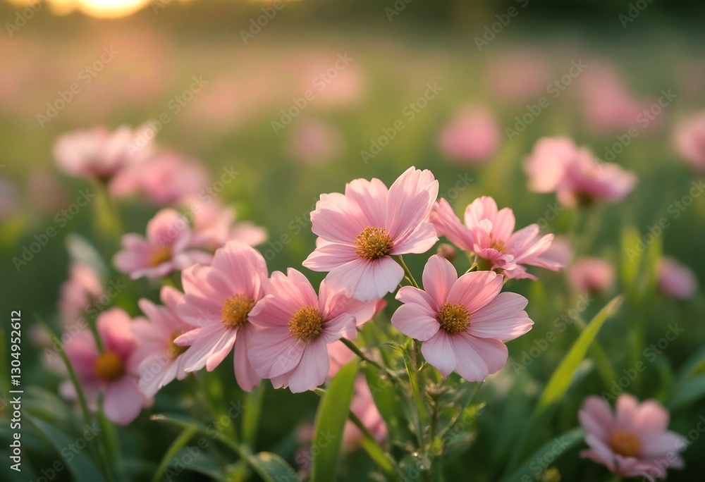 Fototapeta premium A field of pink flowers with green grass.