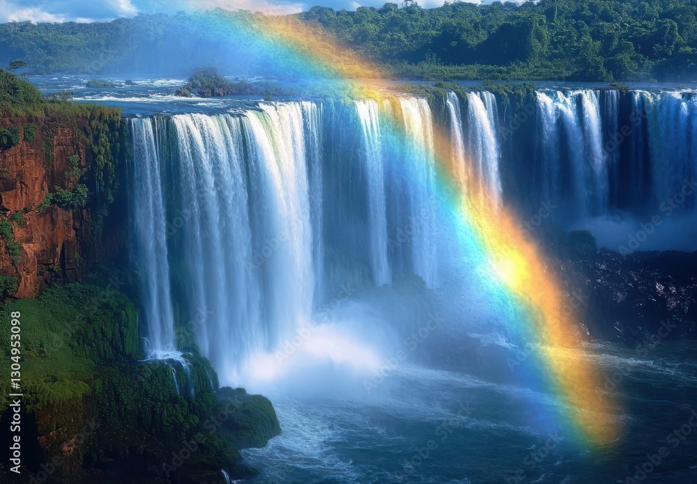 Fototapeta premium Majestic Waterfall in Lush Green Landscape with Vibrant Rainbow Arching Over the Cascading Water and Misty Atmosphere at Dusk
