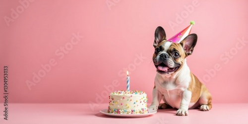 A delightful French bulldog wearing a festive party hat sits beside a small, colorful birthday cake with a single lit candle, against a soft pink backdrop.