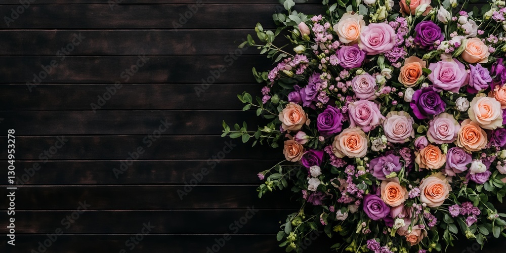 Fototapeta premium Colorful rose arrangement on dark wood