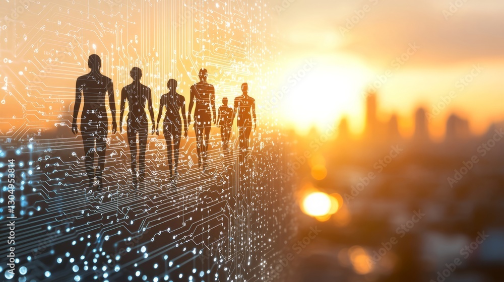 Fototapeta premium Embracing diversity innovation. Abstract representation of digital figures walking towards a sunset with a city skyline, symbolizing technology and human connection.