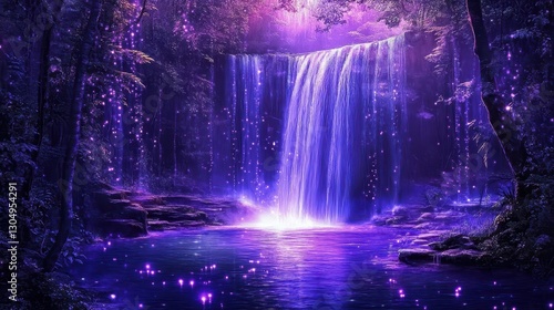 Magical waterfall cascading into a glowing pool surrounded by fireflies and mist