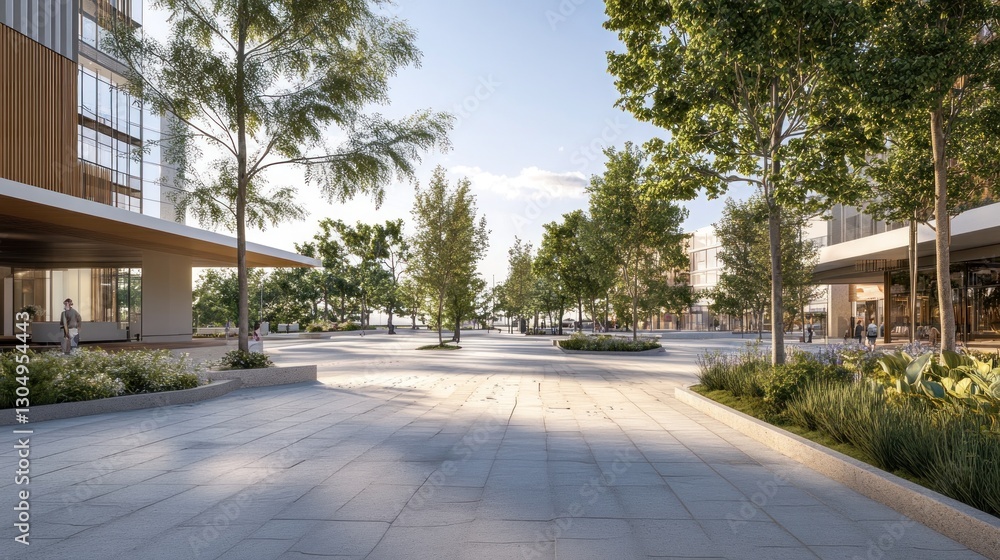 Urban plaza walkway, morning sun, residential buildings Urban plaza walkway, morning sun, residential buildings