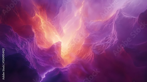 Twilight canyon with glowing particles and swirling purple mist for a mystical effect