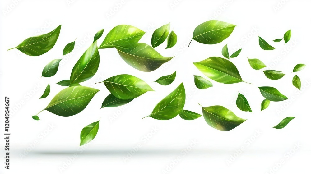 Fototapeta premium Flying Green Leaves, Isolated on White