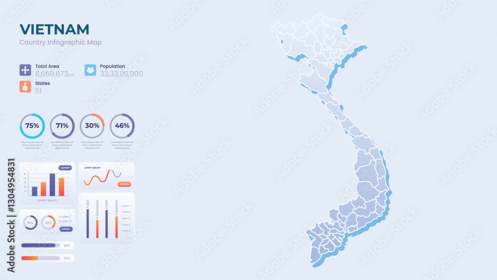 Obraz premium Infographic Map of Vietnam. Total Area, Papulation, States & More Detailed Infographic Map of Vietnam. Vector Illustration