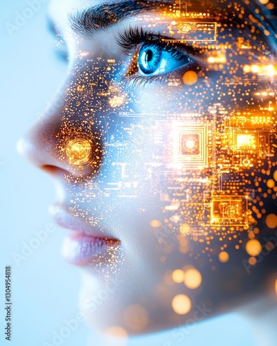 Embracing diversity innovation. A futuristic portrait of a woman with digital circuit patterns overlaying her face, symbolizing the fusion of technology and humanity.