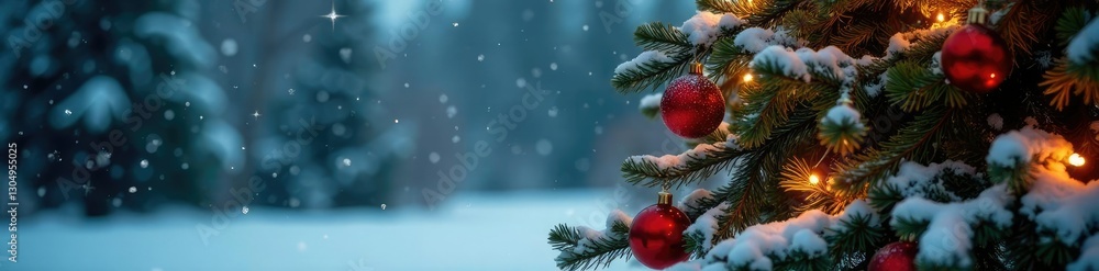 Fototapeta premium Fir tree covered in snow with festive lights and ornaments, snow, decorated