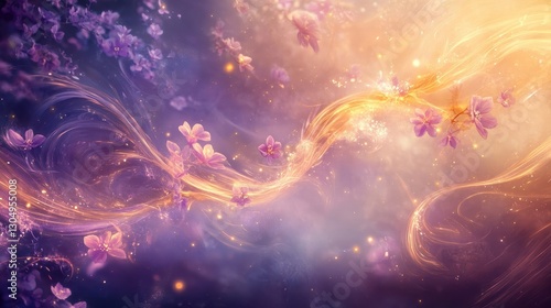 Dreamlike scene with swirling golden waves floating petals and glowing magical energy trails