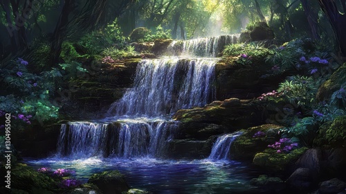 Cascading waterfall in a hidden sanctuary surrounded by moss and ambient lighting