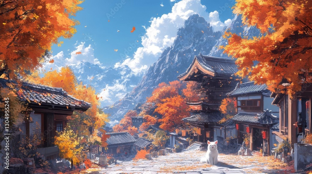 Obraz premium Autumn landscape with traditional architecture, pagodas and mountain.