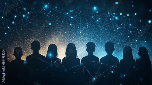 Embracing diversity innovation. Silhouettes of diverse individuals against a cosmic backdrop filled with stars and connecting lines, symbolizing unity and connection in a digital age.