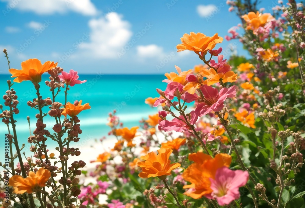 A serene coastal scene featuring vibrant flowers and a tranquil ocean. A serene coastal scene featuring vibrant flowers and a tranquil ocean.