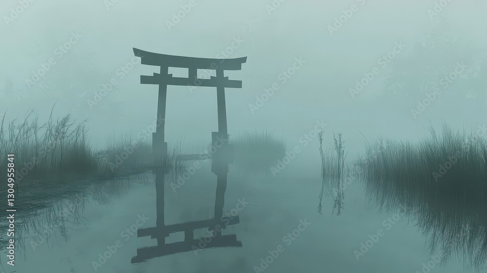 Foggy torii gate standing alone in water reflecting with soft ripples and calm ambiance Foggy torii gate standing alone in water reflecting with soft ripples and calm ambiance