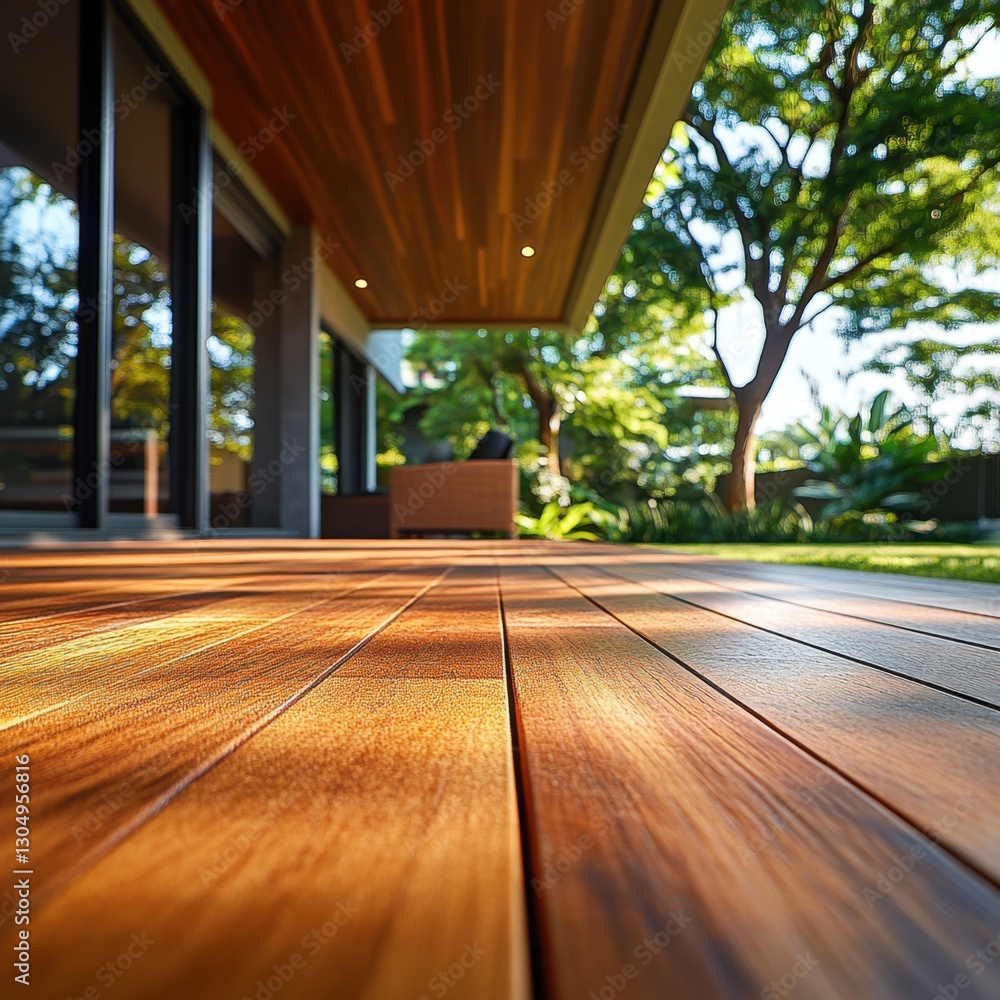Serene outdoor living space with warm wooden deck extending into lush green garden under natural light