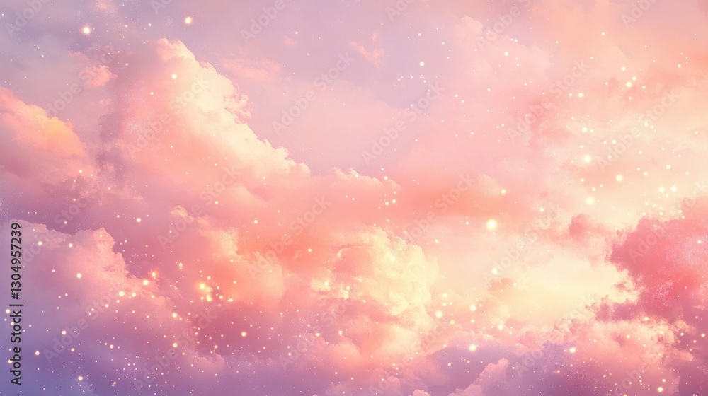 Impressionist-style sunset with pink and peach clouds glowing dots like floating fireflies Impressionist-style sunset with pink and peach clouds glowing dots like floating fireflies
