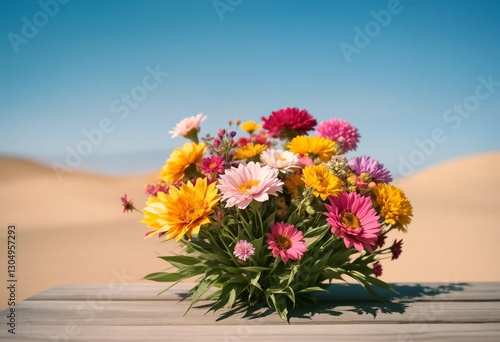 Wallpaper Mural A bouquet of flowers sitting on a wooden surface with sand dunes and blue sky in the background. Torontodigital.ca