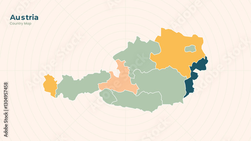 Map of Austria isolated modern colorful State. Use for Website Layouts, Background, Education, Customizable, Travel Worldwide, Silhouette Backdrop, Earth Geography, Political.