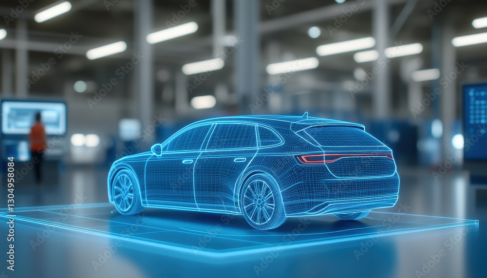 Obraz premium futuristic car model displayed in digital environment, showcasing augmented reality