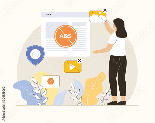 Ad blocking concept. No advertising, anti spam protection, without ads concept. Website Adblock software, skip button. Flat vector illustration.
