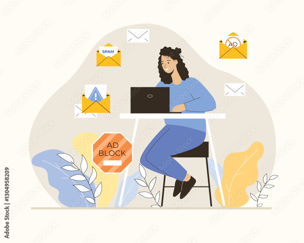 Spam protection, stop spam attack. Blocking unwanted advertising mailings. Website Adblock software, antivirus application. Flat vector illustration. Spam protection, stop spam attack. Blocking unwanted advertising mailings. Website Adblock software, antivirus application. Flat vector illustration.