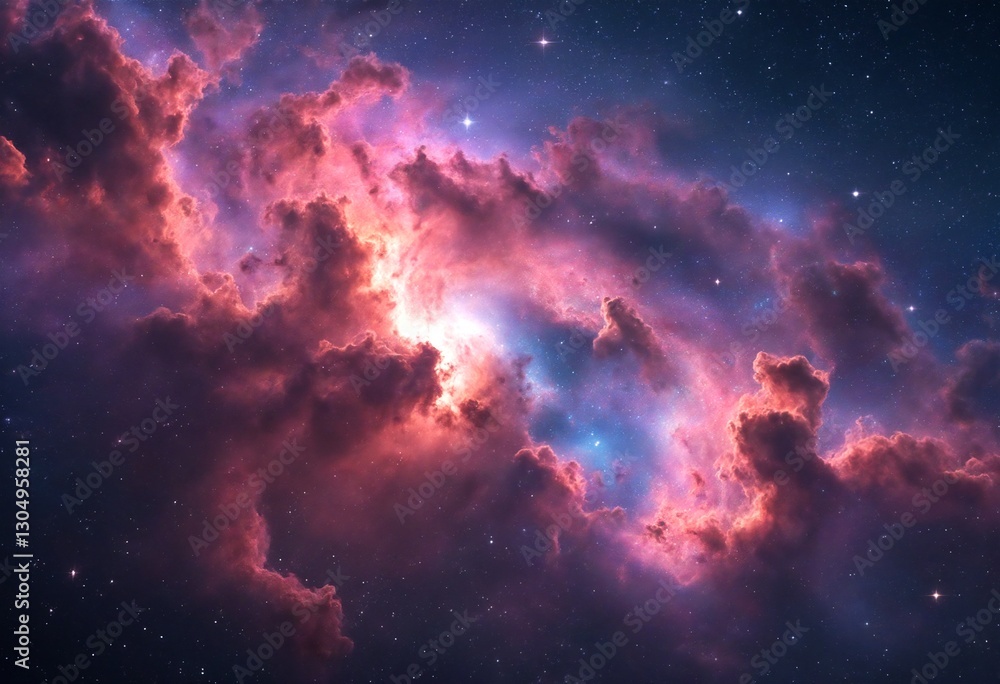 Fototapeta premium A nebula with pink and purple clouds of gas and dust illuminated by a bright light source, set against a backdrop of dark blue sky dotted with stars.