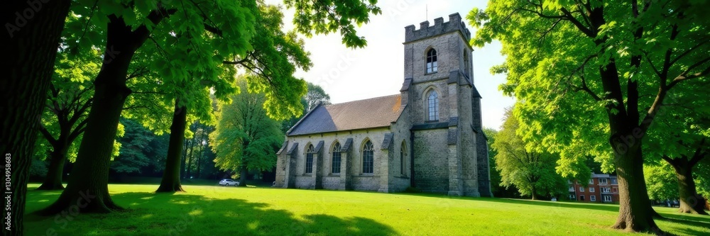 Fototapeta premium Lush green trees surround ancient stone church tower, Church, Stone