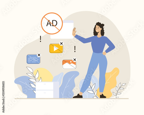 Ad blocking software. Removing online advertising, anti-spam protection, browser extension, mail filter. Flat vector illustration.