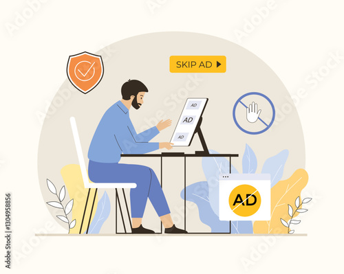 Ad blocking. Anti spam protection. Website Adblock protection software, security application. Pop up ad blocker. Flat vector illustration.